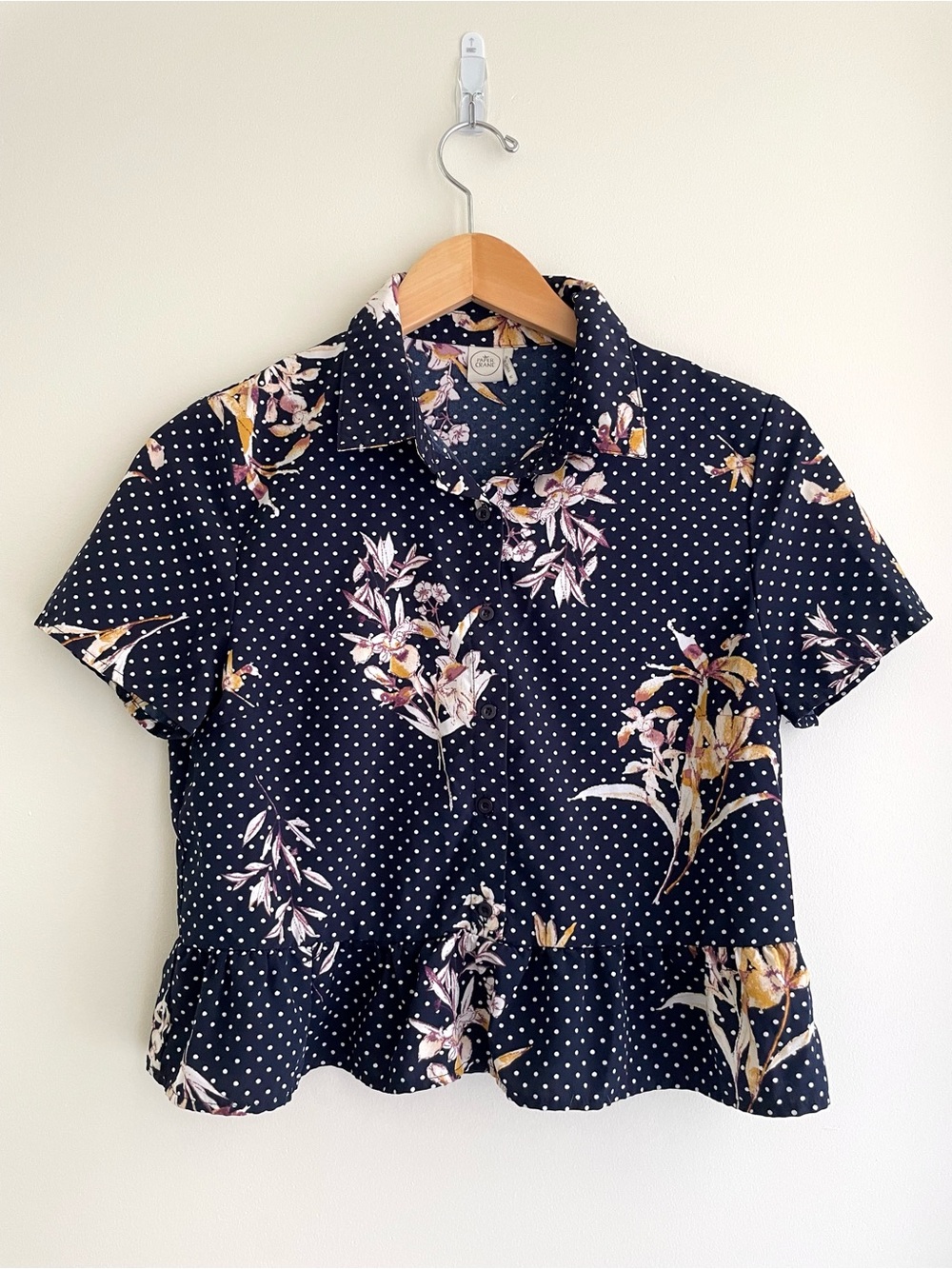 Paper Crane Black Polka Dot Floral Peplum Blouse School Office Teacher Casual